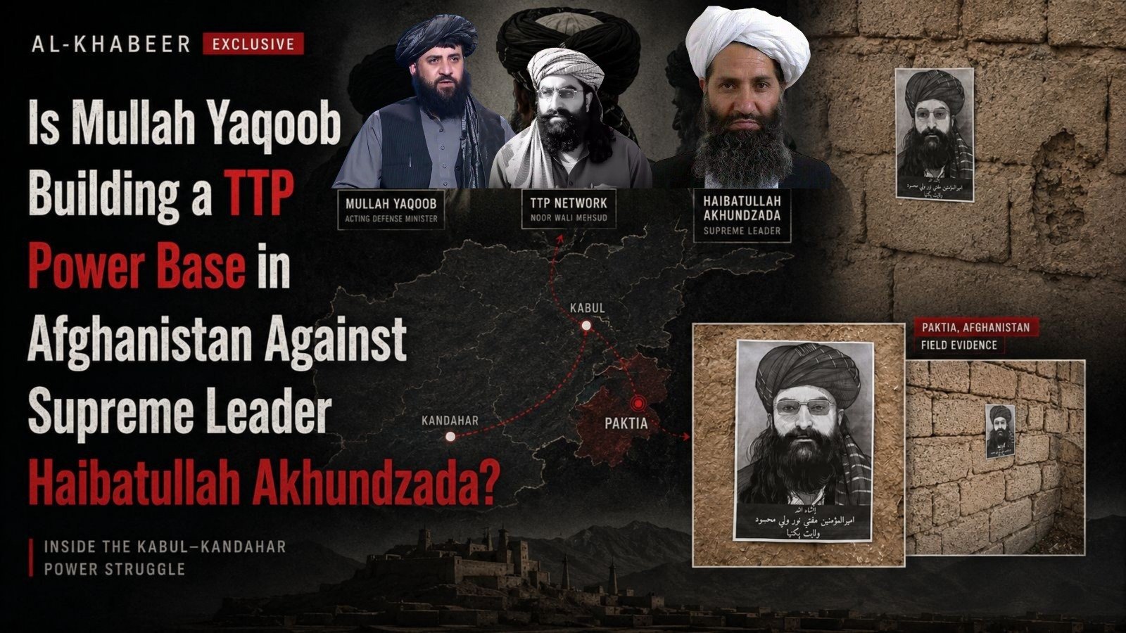 Al Khabeer exclusive cover illustrating an alleged TTP power base in Afghanistan involving Mullah Yaqoob, Noor Wali Mehsud and Supreme Leader Haibatullah Akhundzada, alongside Paktia poster evidence.