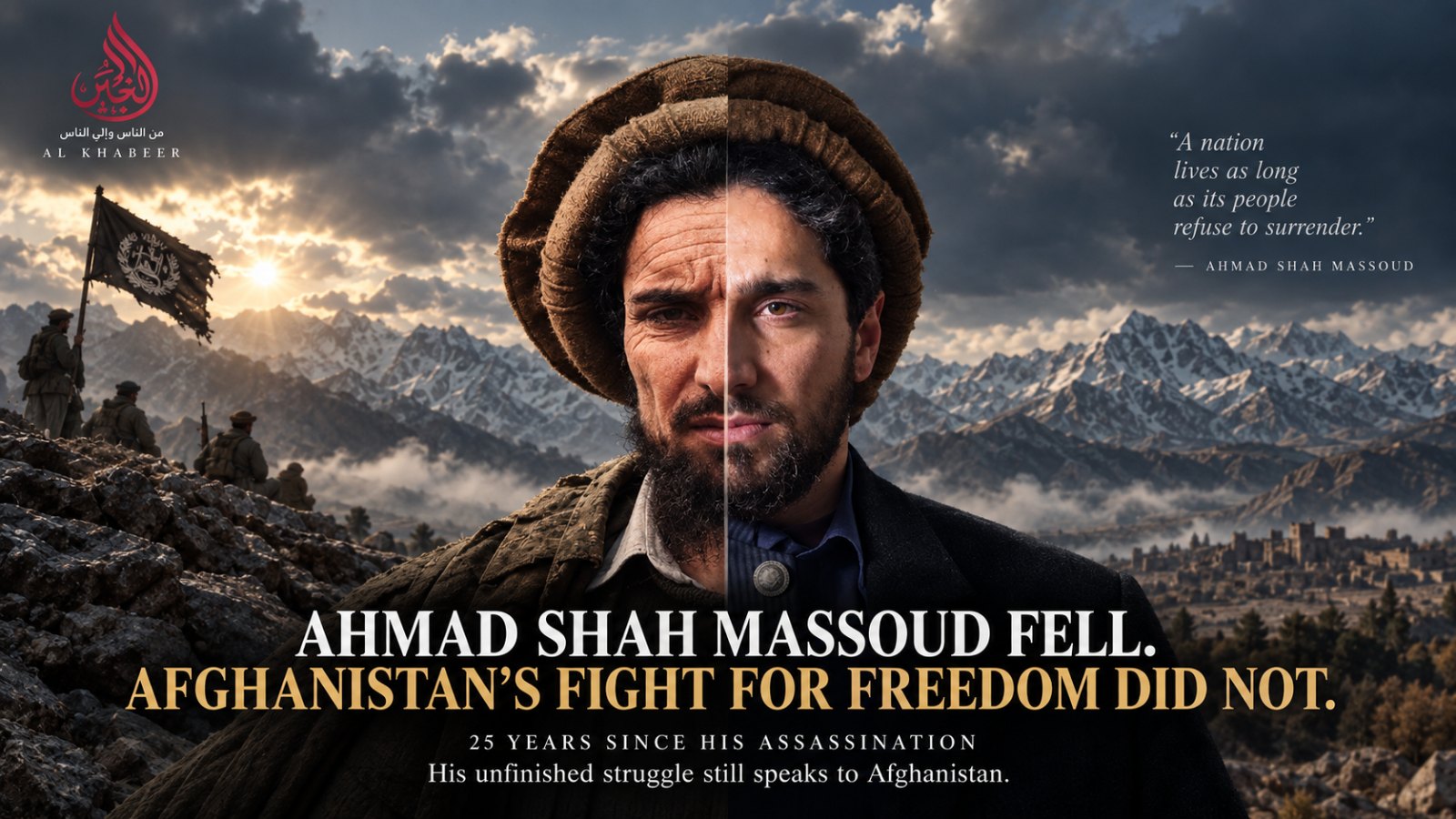 Ahmad Shah Massoud and Ahmad Massoud portrayed against the mountains of Afghanistan, marking 25 years since Massoud’s assassination.