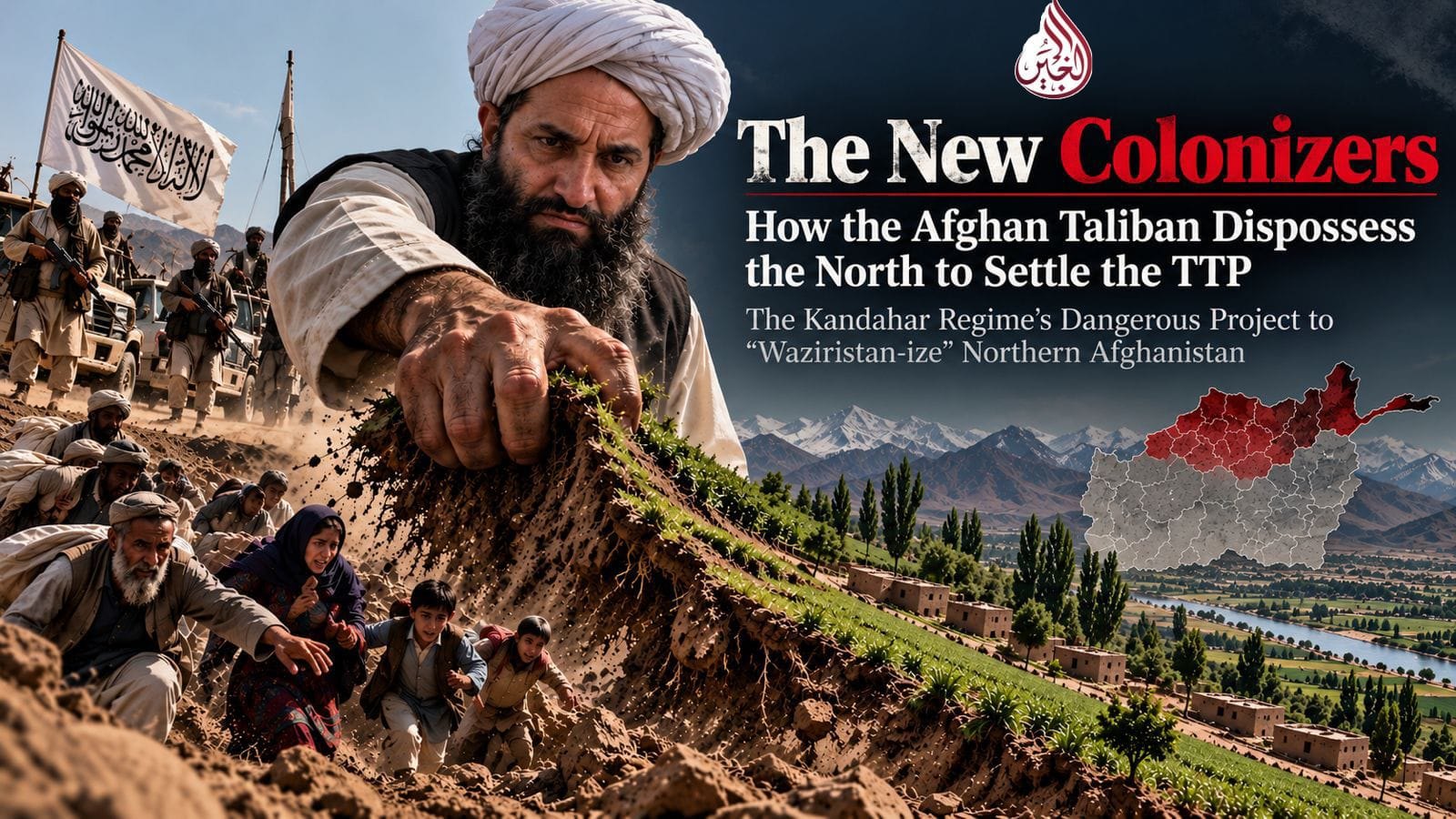 Symbolic editorial illustration showing a turbaned Taliban figure pulling up fertile farmland as Afghan families flee, with armed fighters and a map highlighting northern Afghanistan.
