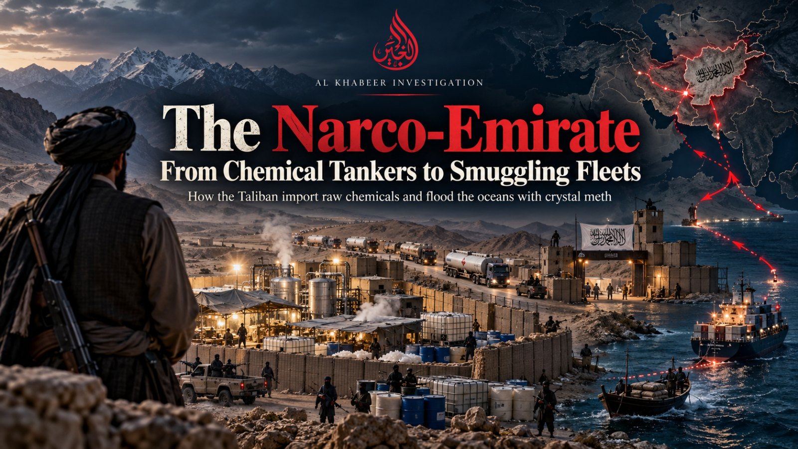 Al Khabeer investigative cover showing an armed figure, chemical transport trucks, desert facilities, maritime shipping and a map of Afghanistan.