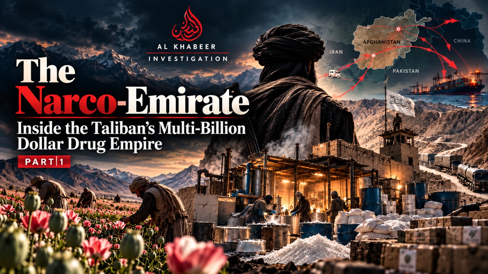 Editorial illustration depicting a Taliban figure overlooking Afghan poppy fields, drug-processing facilities, armed guards and trafficking routes connecting Afghanistan to international markets.